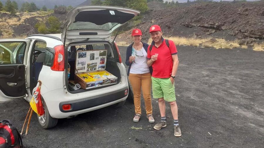 Mount Etna: trek with vintage car, tasting sicilian produtcs - The toast and the taste: Etna white wine up high, then red with Sicilian products